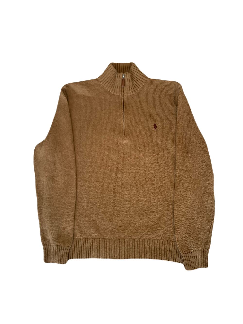 Polo Ralph Lauren Tan Pullover Mid Zip high collar Bourgeoise minimalist sweater